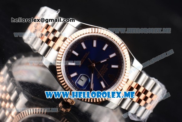 Rolex Datejust Clone Rolex 3135 Automatic Two Tone Case/Bracelet with Dark Blue Dial and Stick Markers (BP) - Click Image to Close